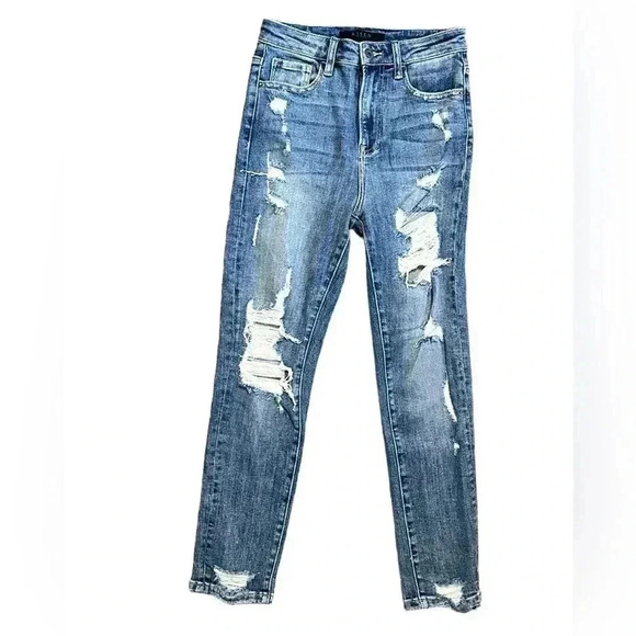 Risen Straight Leg Distressed Denim Jeans Size 26 - Picture 1 of 7